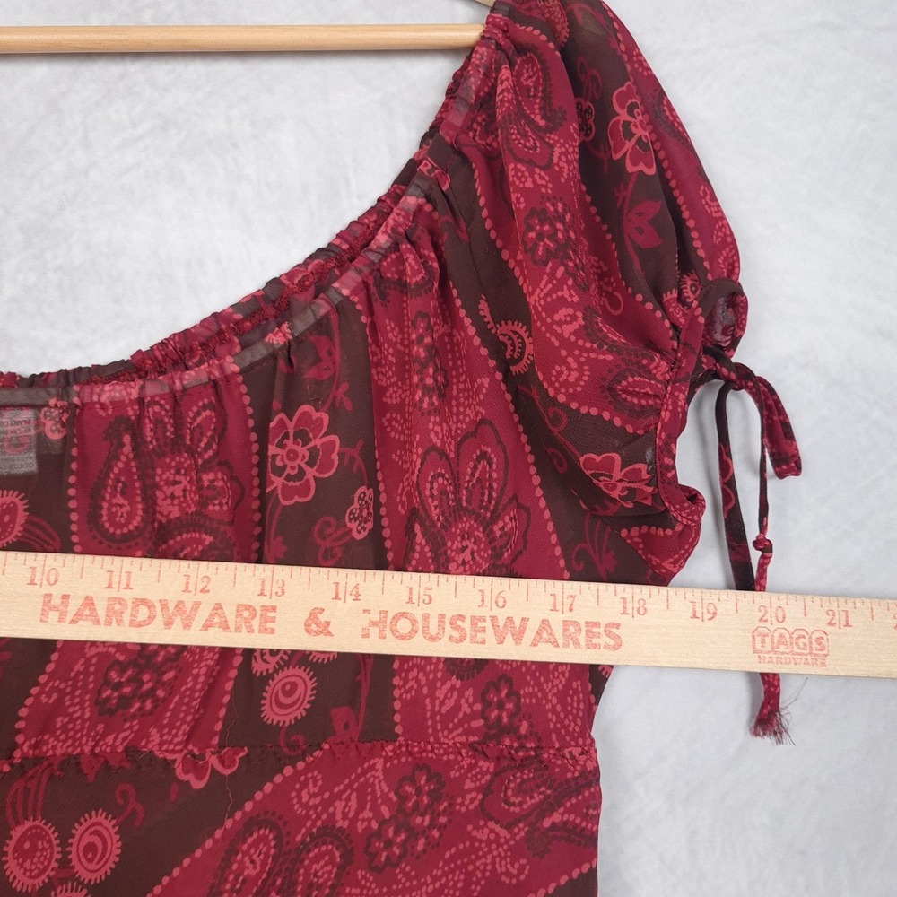 Vntg Whimsy Fairy Dress Womens Large Red Paisley Chiffon Sheer Babydoll Grunge - Picture 11 of 16